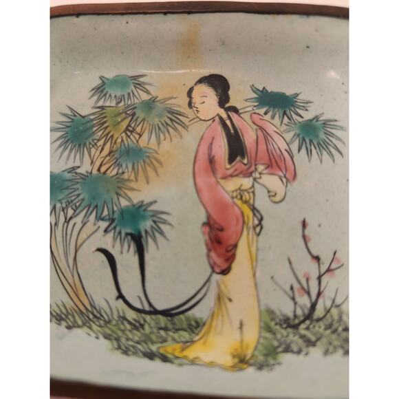 Chinese Vintage Hand Painted Enamel Trinket Dish Plate Tray Asian Geisha 4" - Picture 3 of 9